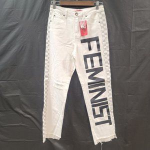 Signature8 Womens Feminist Spellout Pants Size S Ivory High Rise Straight Leg